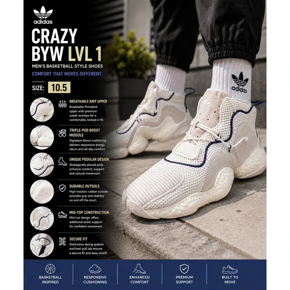 Adidas Crazy BYW LVL 1 Boost Basketball Shoes White Athletic Men's 10.5 CQ0992